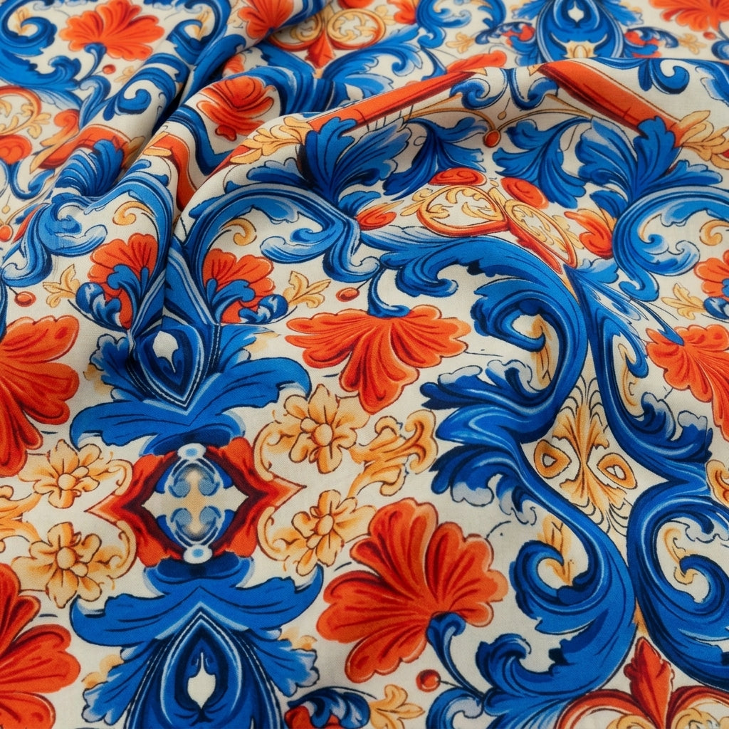 Swirled Floral Cream Floral Satin Fabric