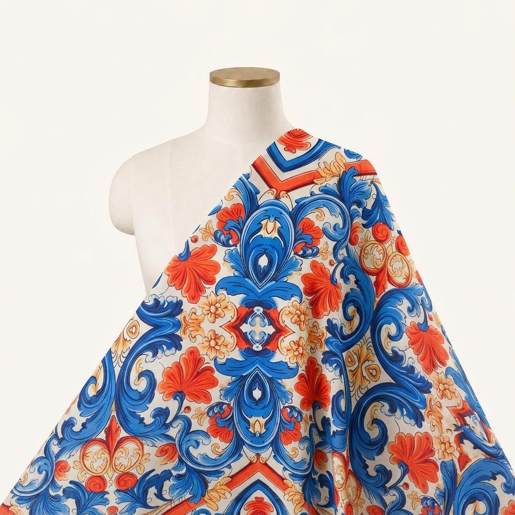 Floral Cream Floral Satin Fabric Draped as a saree