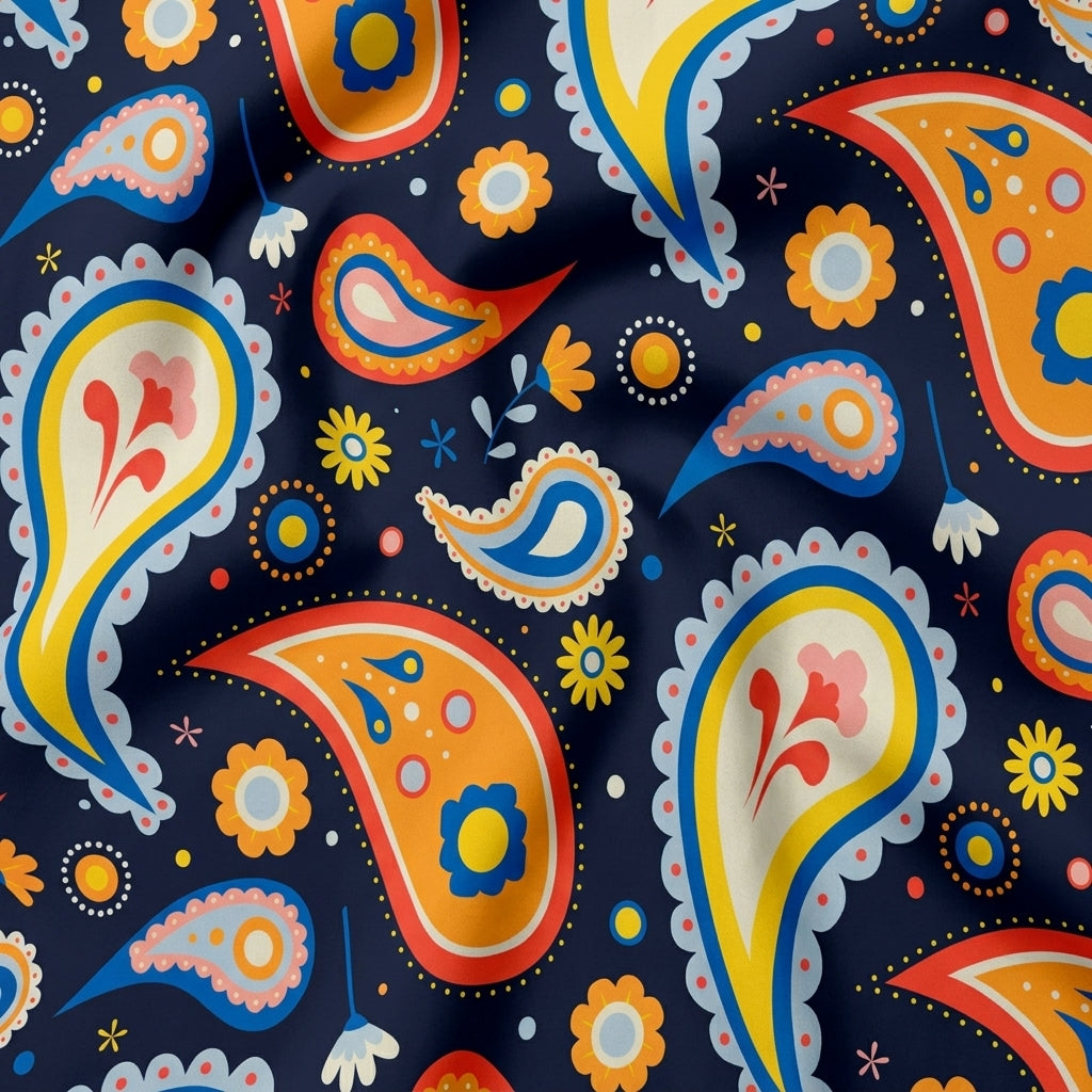 Swirled Paisley Navy Blue Paisley Satin Fabric