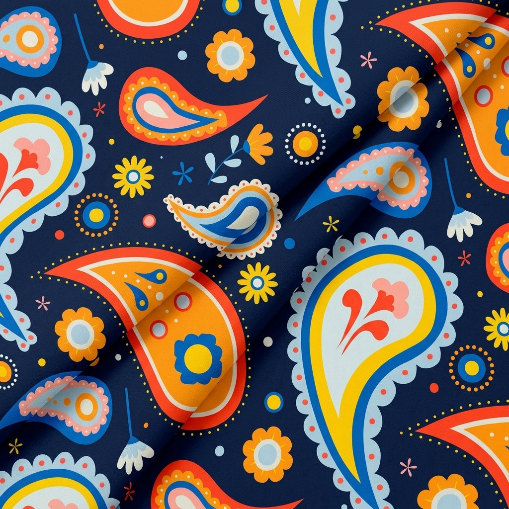 Folded Paisley Navy Blue Paisley Satin Fabric