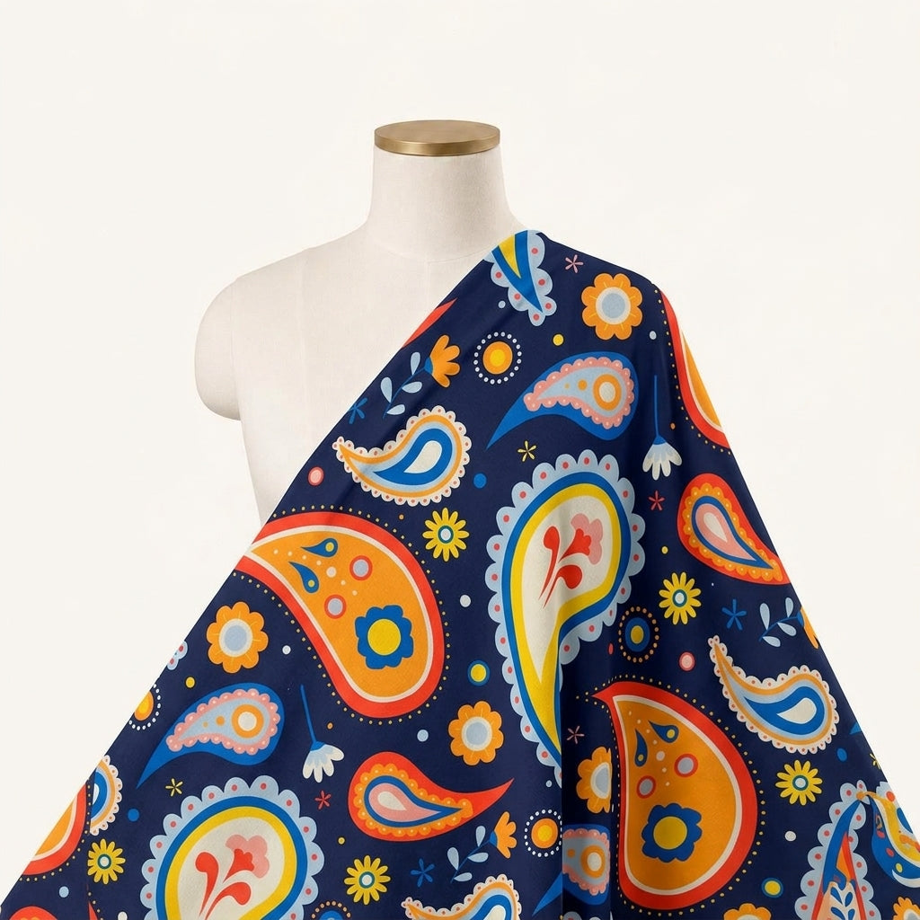 Paisley Navy Blue Paisley Satin Fabric Draped as a saree