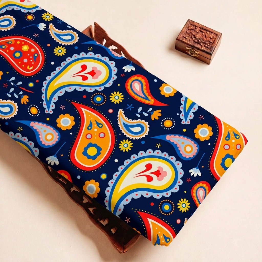 Folded Navy Blue Paisley Satin Fabric Highlighting and Texture
