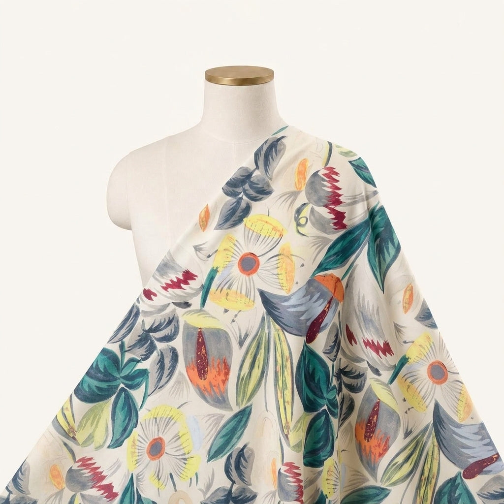 Floral Grey Floral Satin Fabric Draped as a saree