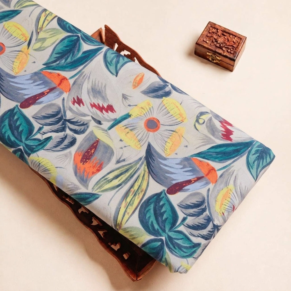 Folded Grey Floral Satin Fabric Highlighting and Texture