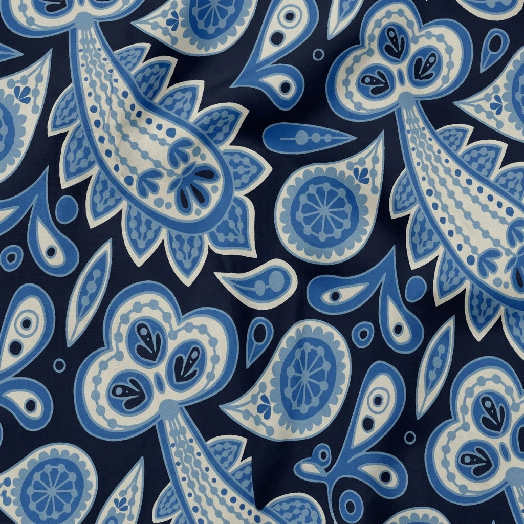 Swirled Paisley Dark Blue Paisley Satin Fabric