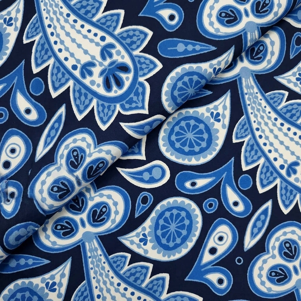 Folded Paisley Dark Blue Paisley Satin Fabric