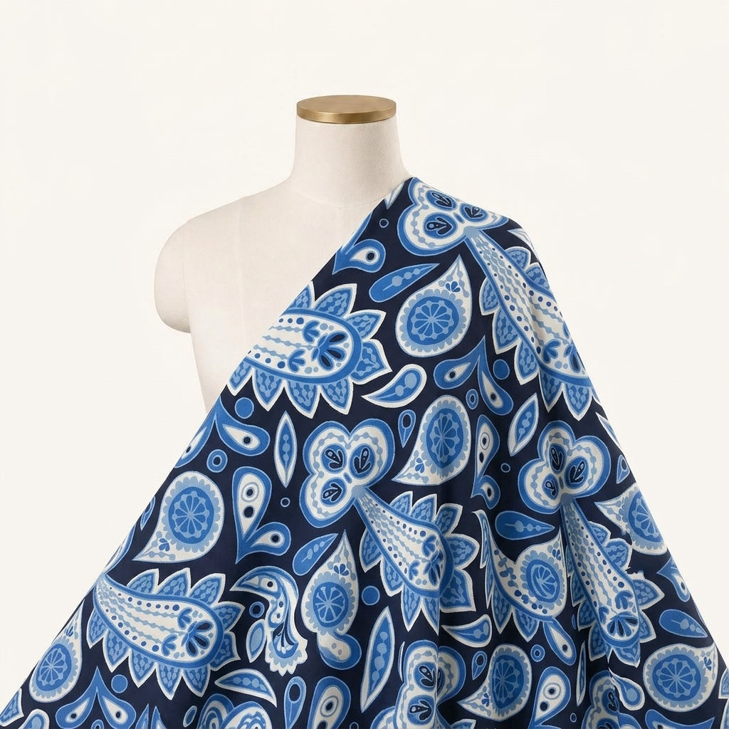 Paisley Dark Blue Paisley Satin Fabric Draped as a saree