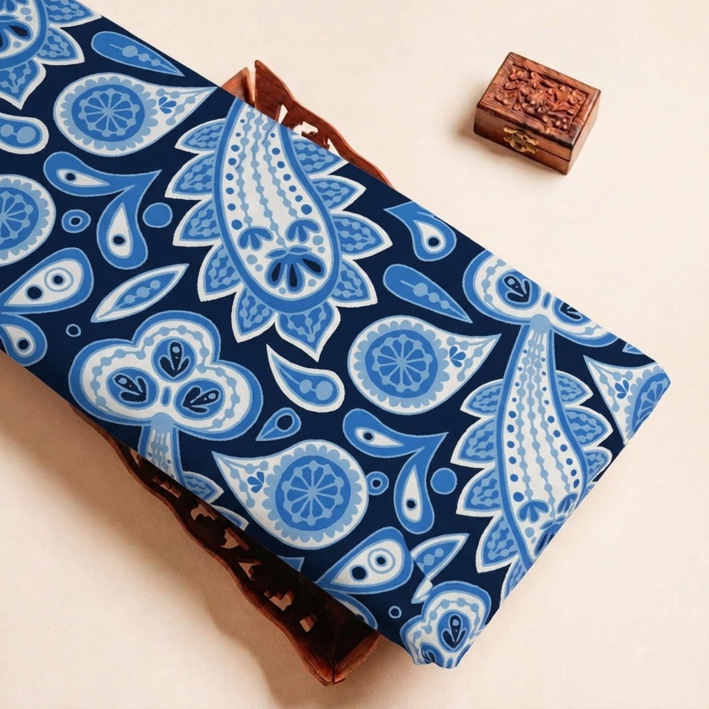 Folded Dark Blue Paisley Satin Fabric Highlighting and Texture