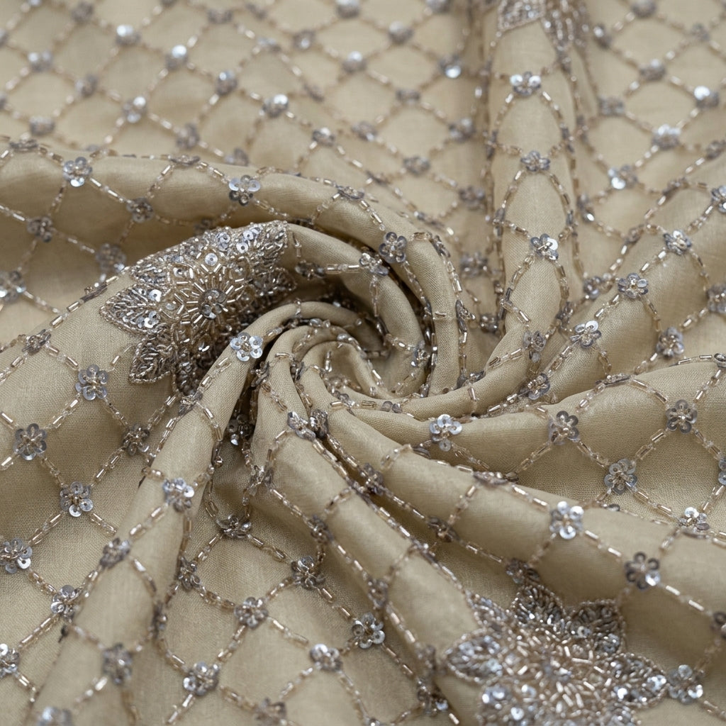 Gold Floral Embroidery Net Fabric - EA4774