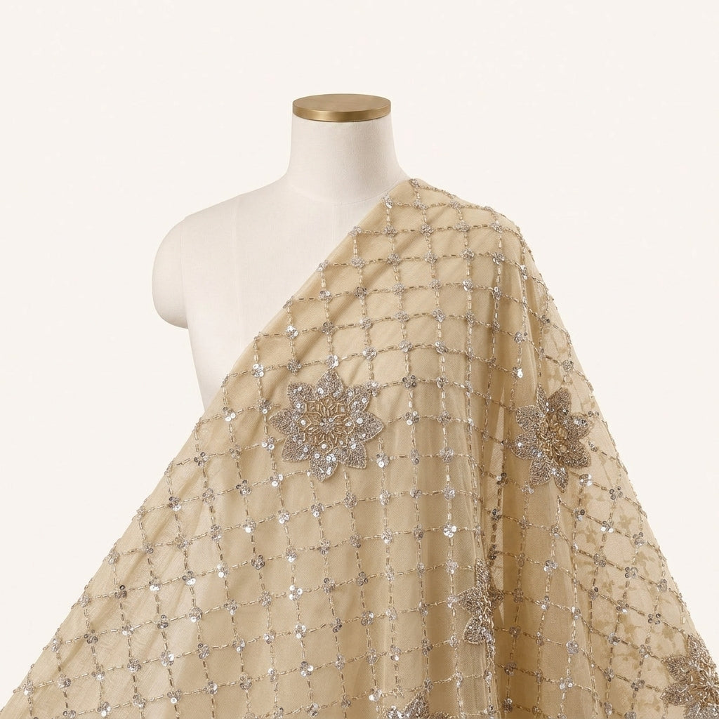 Gold Floral Embroidery Net Fabric - EA4774
