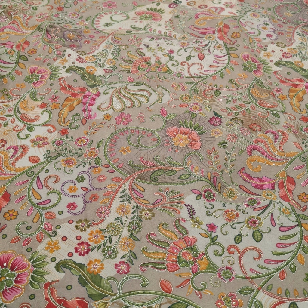 Swirled Embroidery Beige Embroidery Tussar Fabric