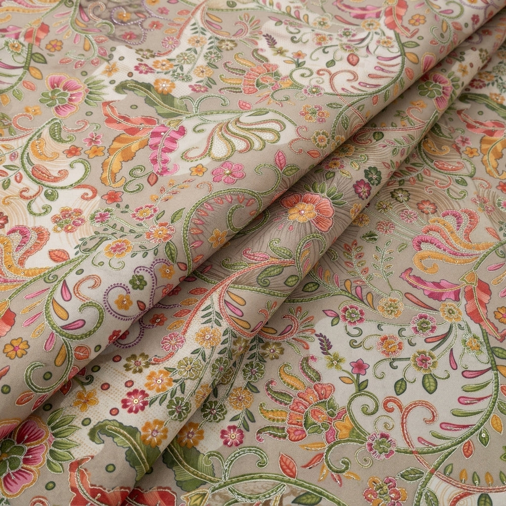 Folded Embroidery Beige Embroidery Tussar Fabric