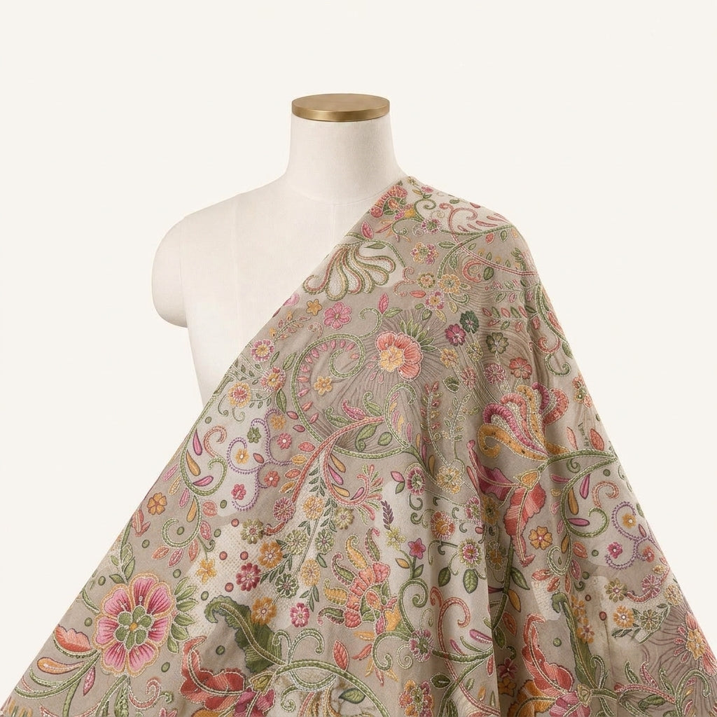 Embroidery Beige Embroidery Tussar Fabric Draped as a saree