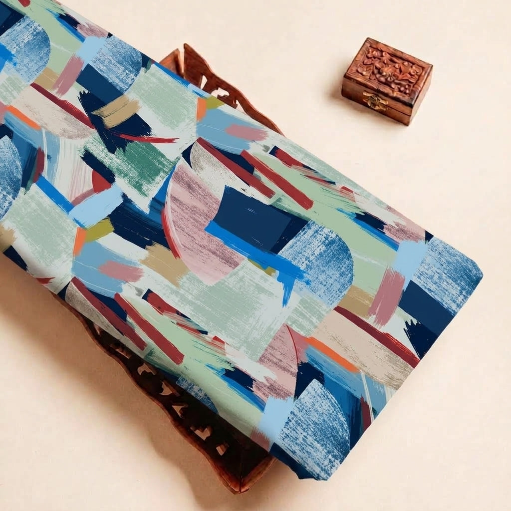 Multicolor Abstract Satin Fabric, folded