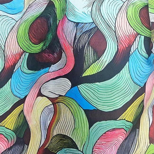 Multicolor Abstract Satin Fabric, laid flat
