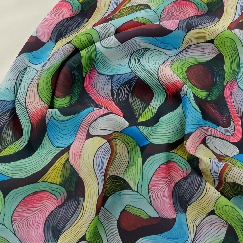 Swirled Multicolor Abstract Satin Fabric Showing Drape