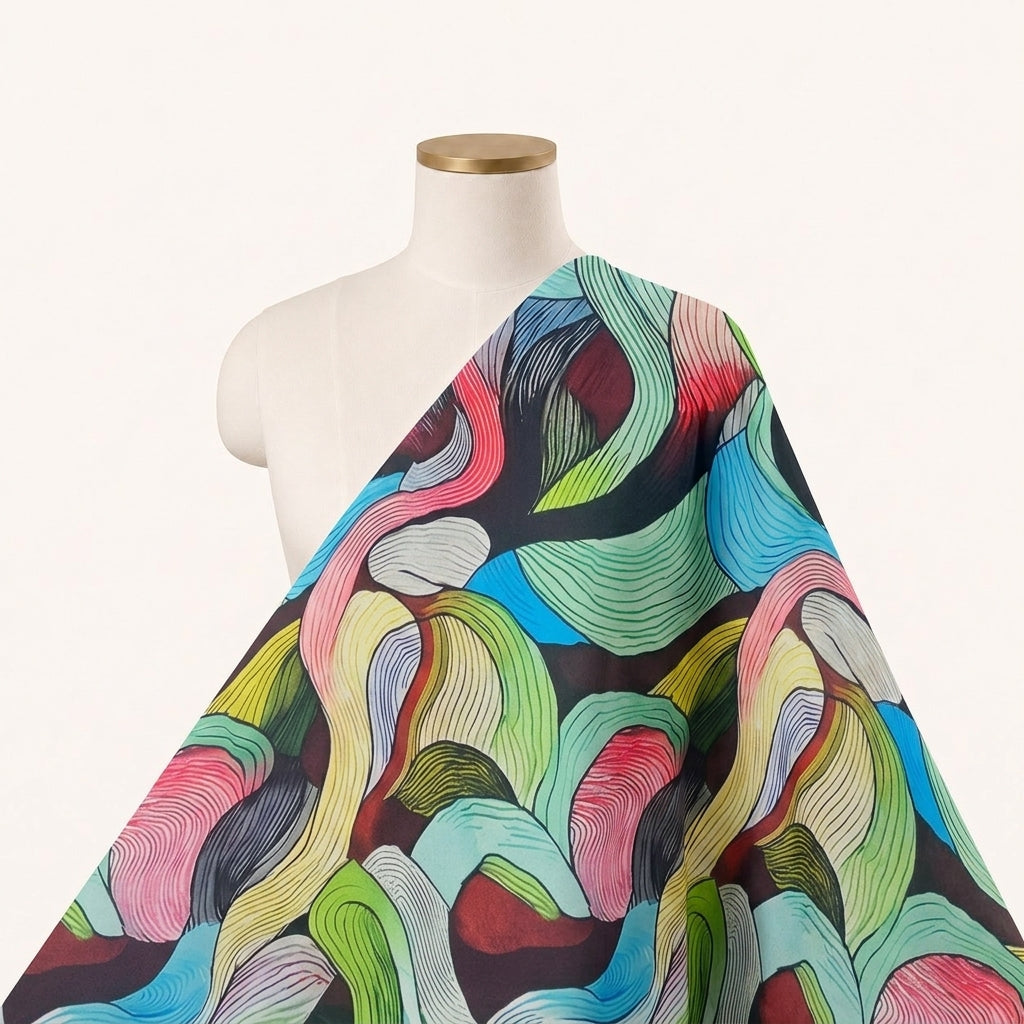 Multicolor Abstract Satin Fabric Draped as a saree