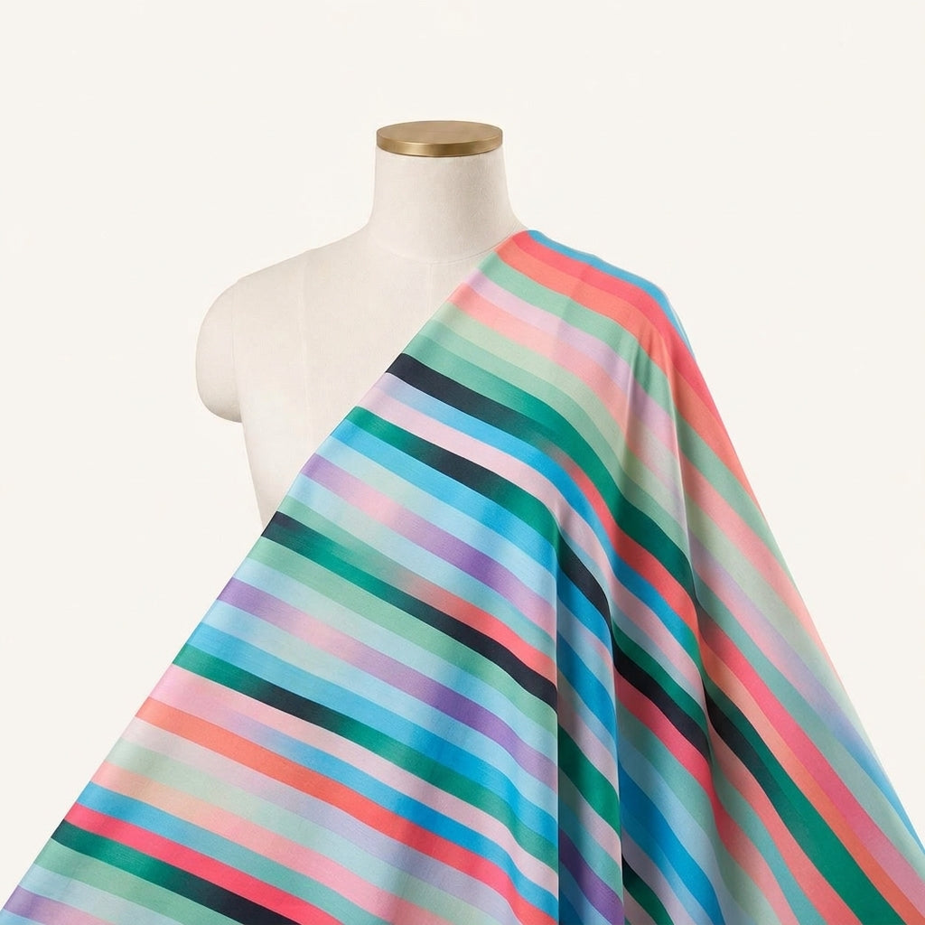Stripes Multicolor Stripes Satin Fabric Draped as a saree