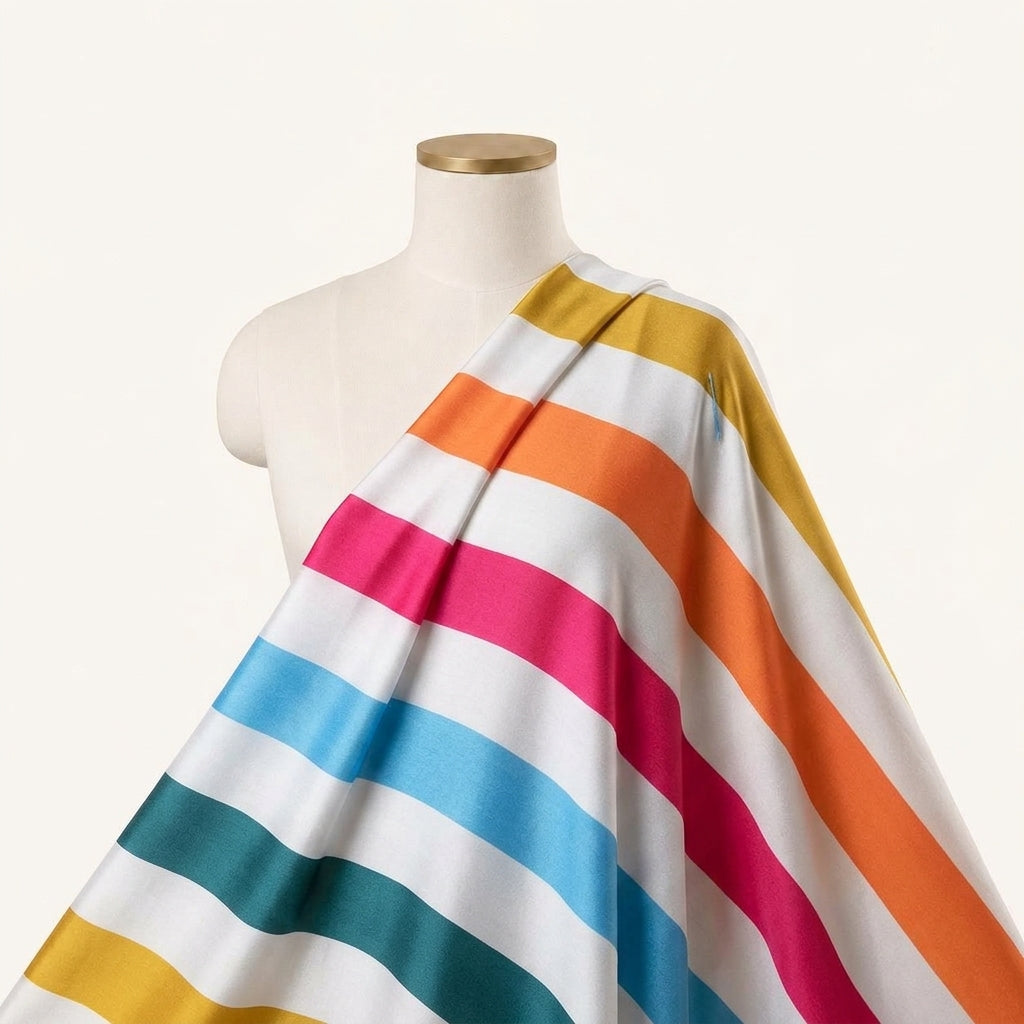 Stripes Multicolor Stripes Satin Fabric Draped as a saree
