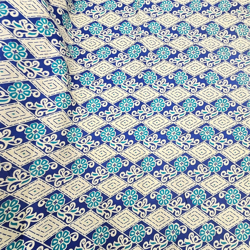Blue Blue Floral Cotton Fabric - Flat fabric