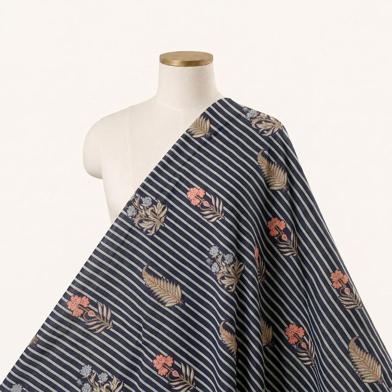 Blue Blue Stripes Cotton Fabric - Saree drape