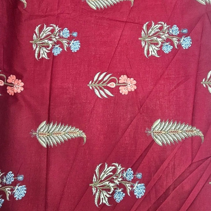 Maroon Maroon Floral Cotton Fabric - Flat fabric