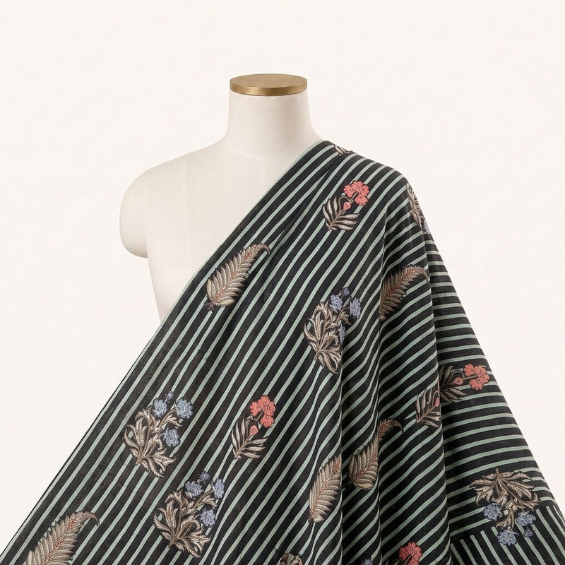 Black Black Stripes Cotton Fabric - Saree drape