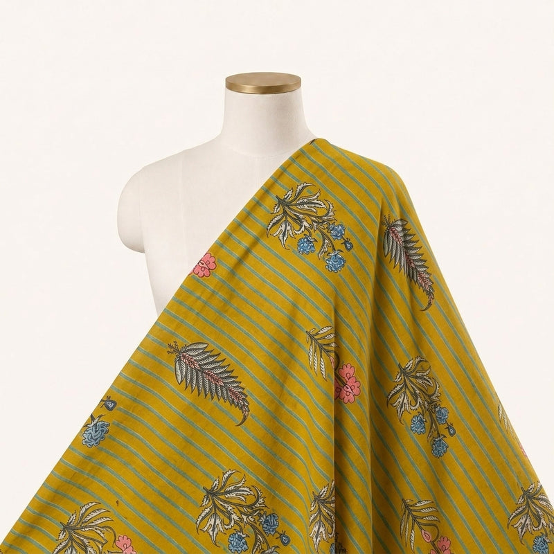 Yellow Yellow Stripes Cotton Fabric - Saree drape