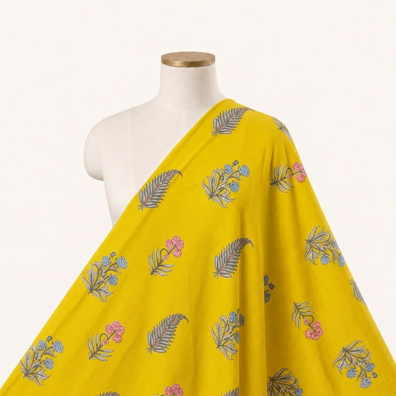 Yellow Yellow Floral Cotton Fabric - Saree drape