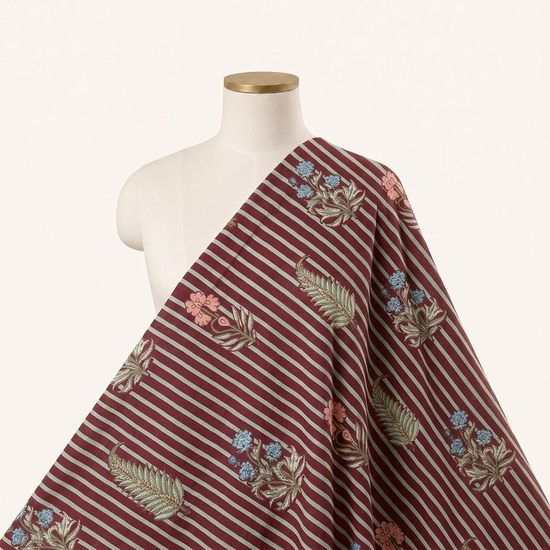 Maroon Maroon Stripes Cotton Fabric - Saree drape