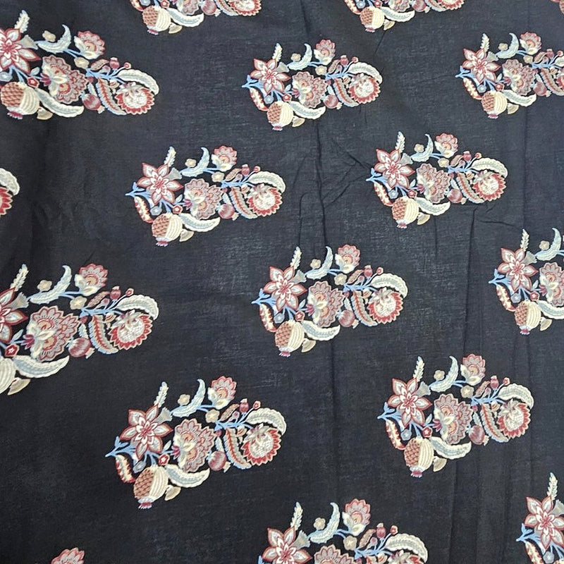 Black Black Floral Cotton Fabric - Flat fabric