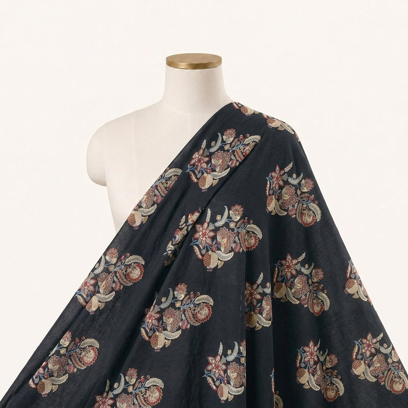 Black Black Floral Cotton Fabric - Saree drape