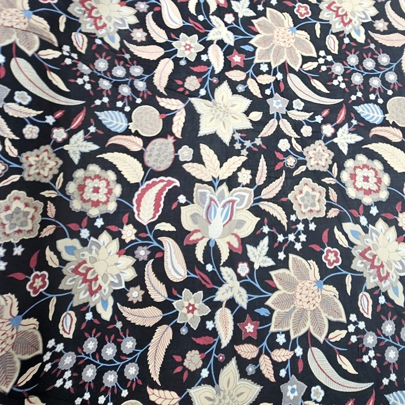 Black Black Floral Cotton Fabric - Flat fabric