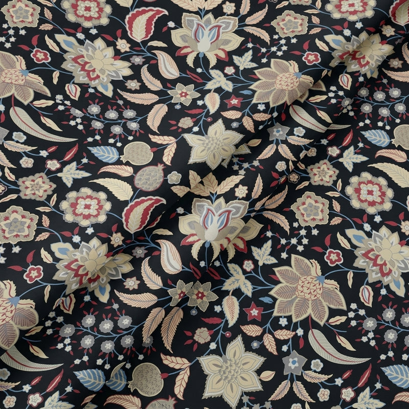 Black Black Floral Cotton Fabric - Folds