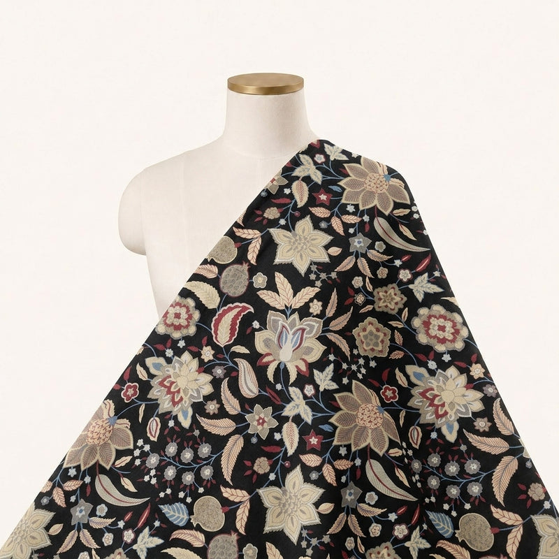 Black Black Floral Cotton Fabric - Saree drape