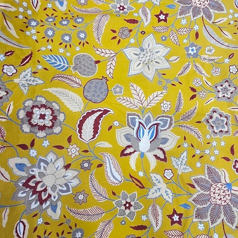 Yellow Yellow Floral Cotton Fabric - Flat fabric