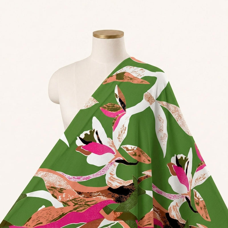 Green Green Floral Cotton Fabric - Saree drape