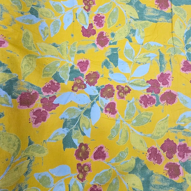 Yellow Yellow Floral Cotton Fabric - Flat fabric
