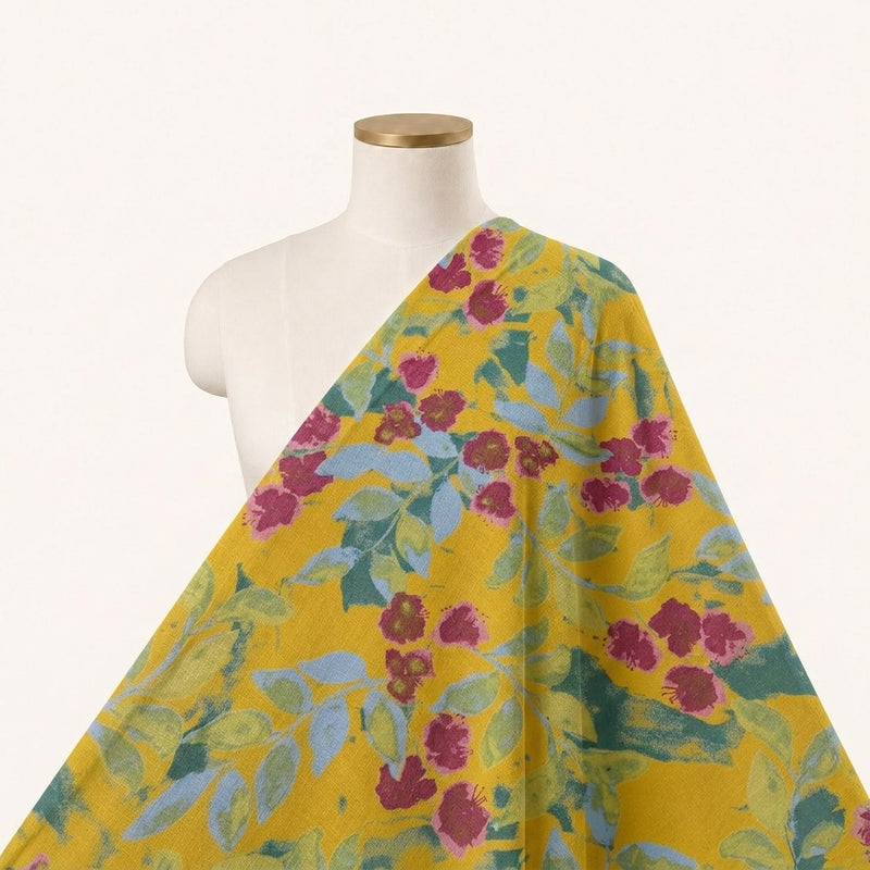 Yellow Yellow Floral Cotton Fabric - Saree drape
