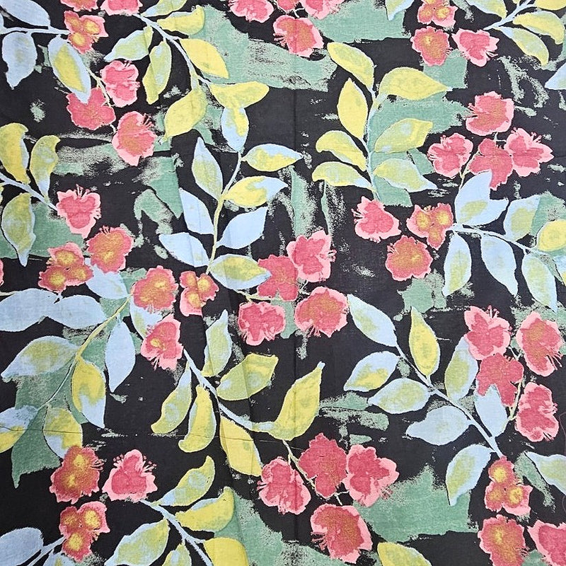 Black Black Floral Cotton Fabric - Flat fabric