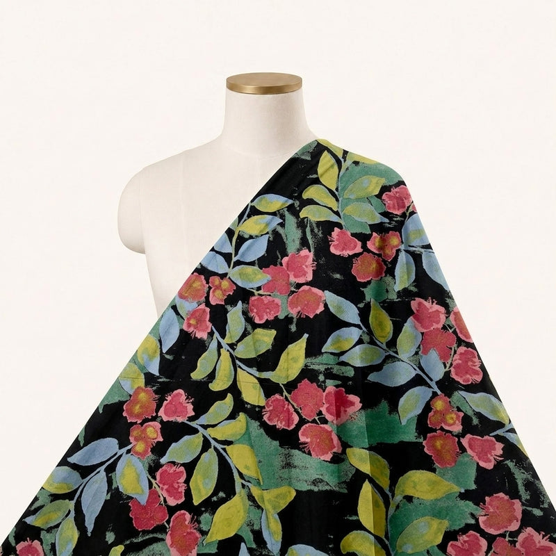 Black Black Floral Cotton Fabric - Saree drape
