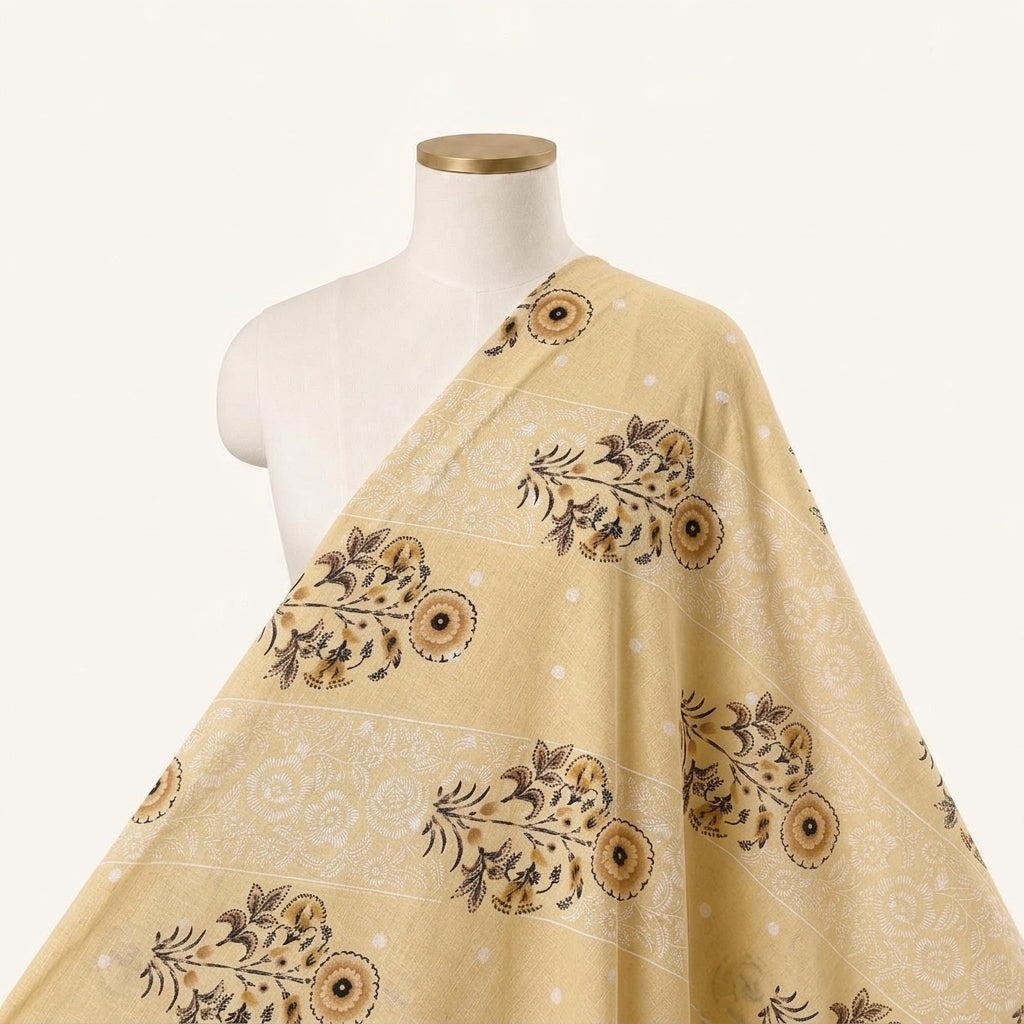Foil Print Light Yellow Foil Print Cotton Fabric Draped as a saree