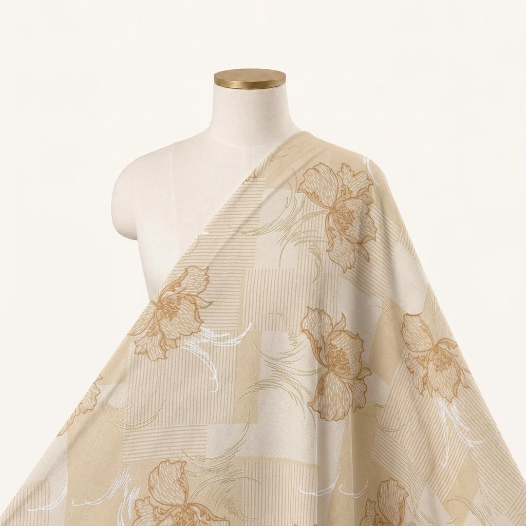 Foil Print Peach Foil Print Cotton Fabric Draped as a saree