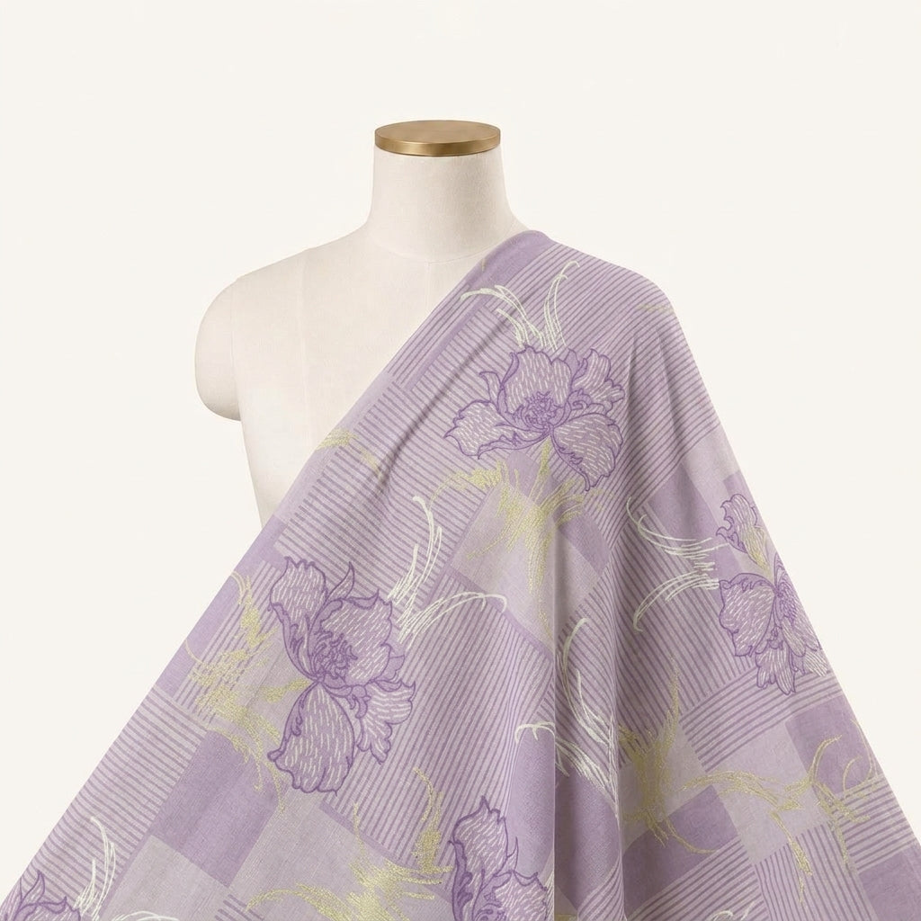 Foil Print Violet Foil Print Cotton Fabric Draped as a saree