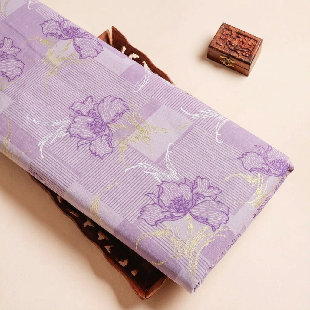 Folded Violet Foil Print Cotton Fabric Highlighting and Texture