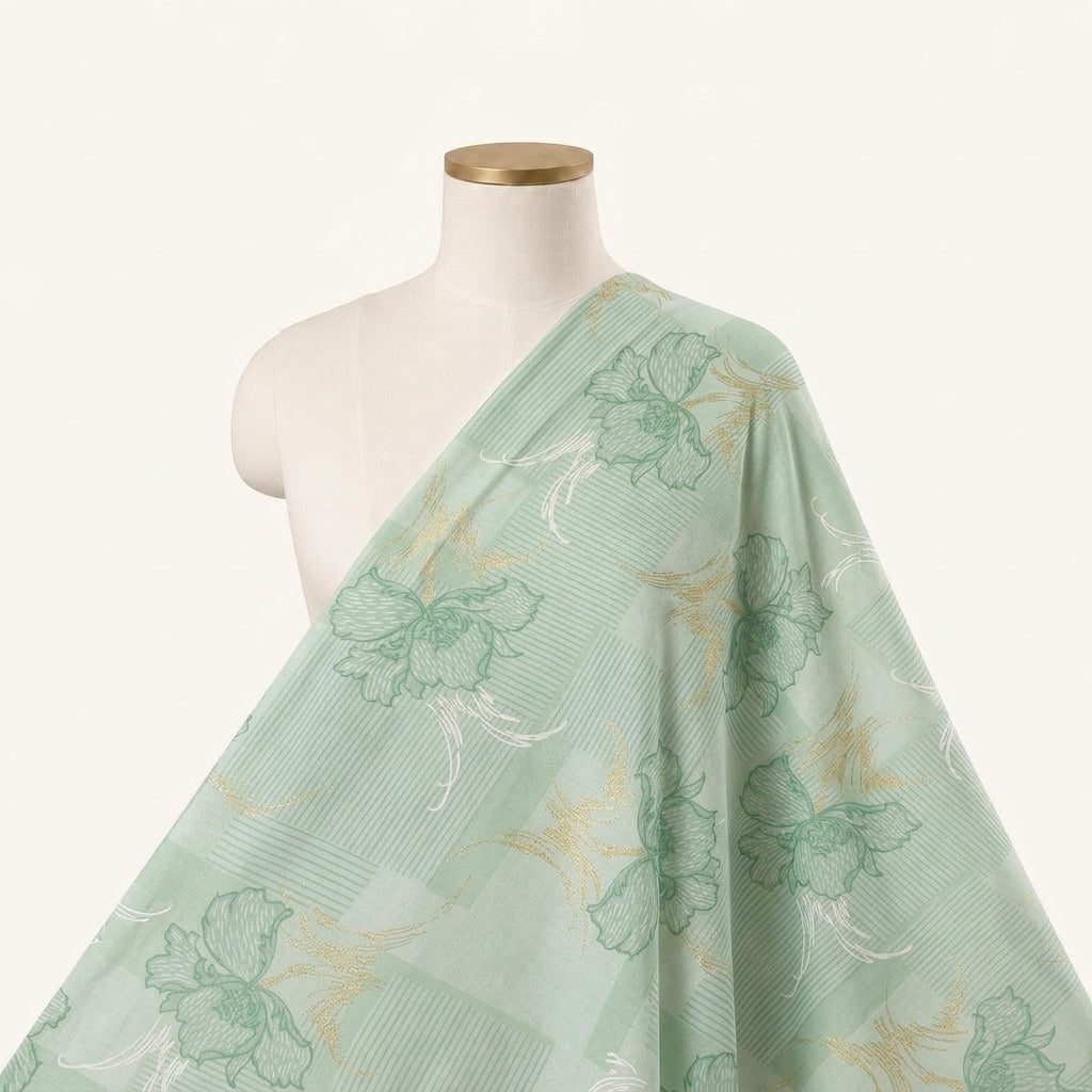 Foil Print Green Foil Print Cotton Fabric Draped as a saree