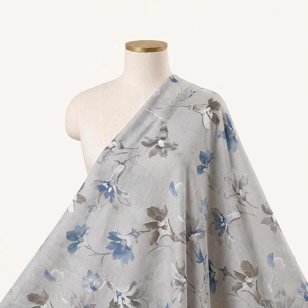 Foil Print Ash Blue Foil Print Cotton Fabric Draped as a saree