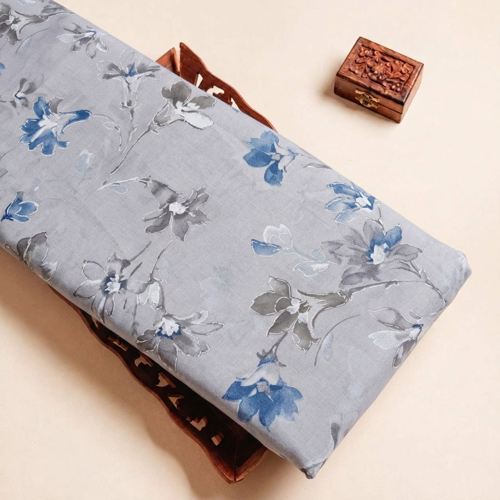 Folded Ash Blue Foil Print Cotton Fabric Highlighting and Texture