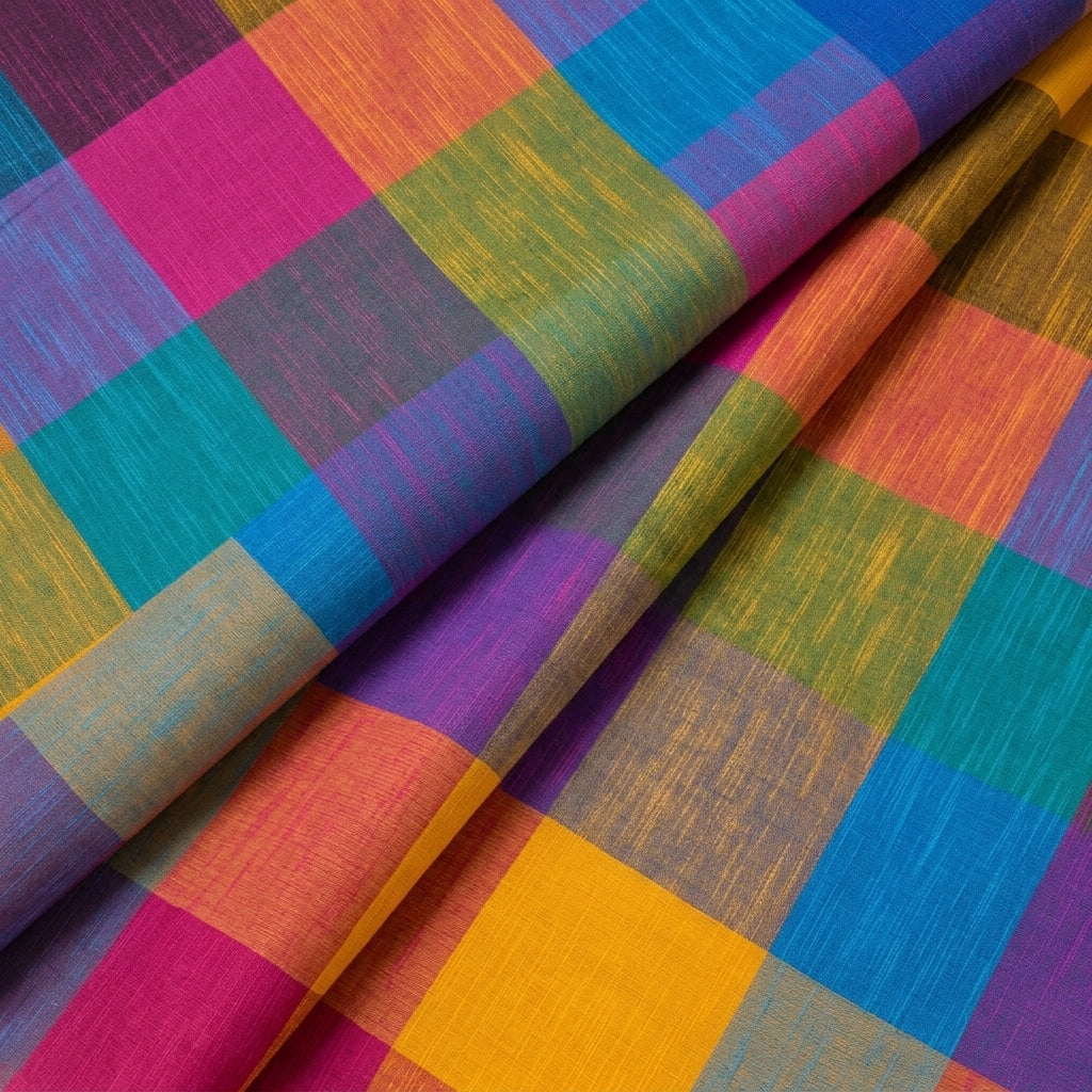 Folded Madras Checks Multicolor Madras Checks Cotton Fabric