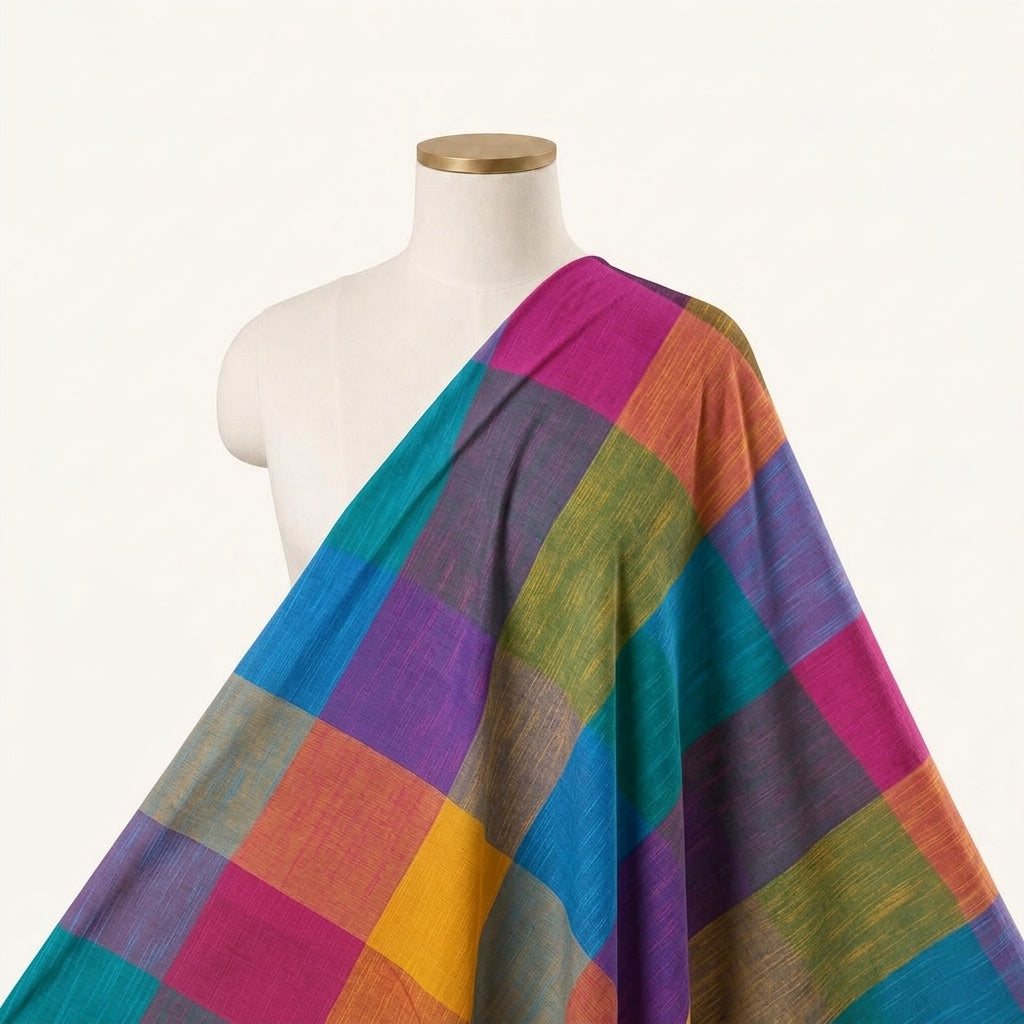 Madras Checks Multicolor Madras Checks Cotton Fabric Draped as a saree